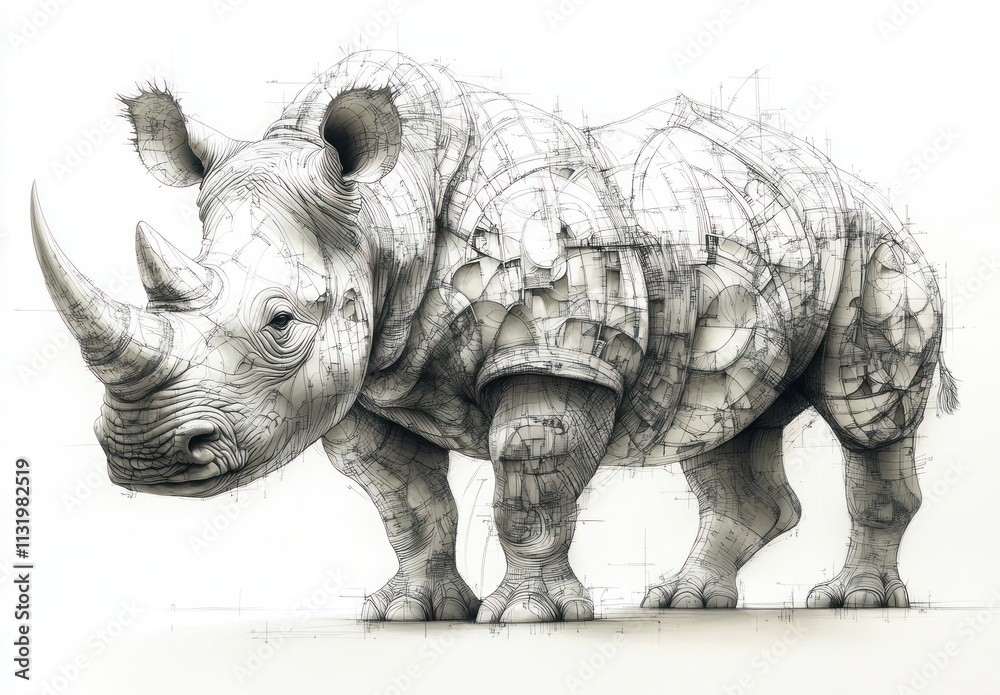 Fototapeta premium Intricate Ink Illustration of Rhinoceros with Dramatic Shadows and Detailed Line Work
