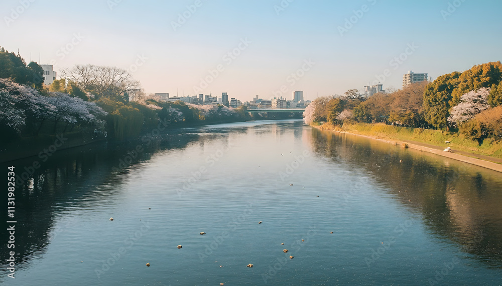 Obraz premium Tranquil Spring River Scene with Cherry Blossoms and Cityscape