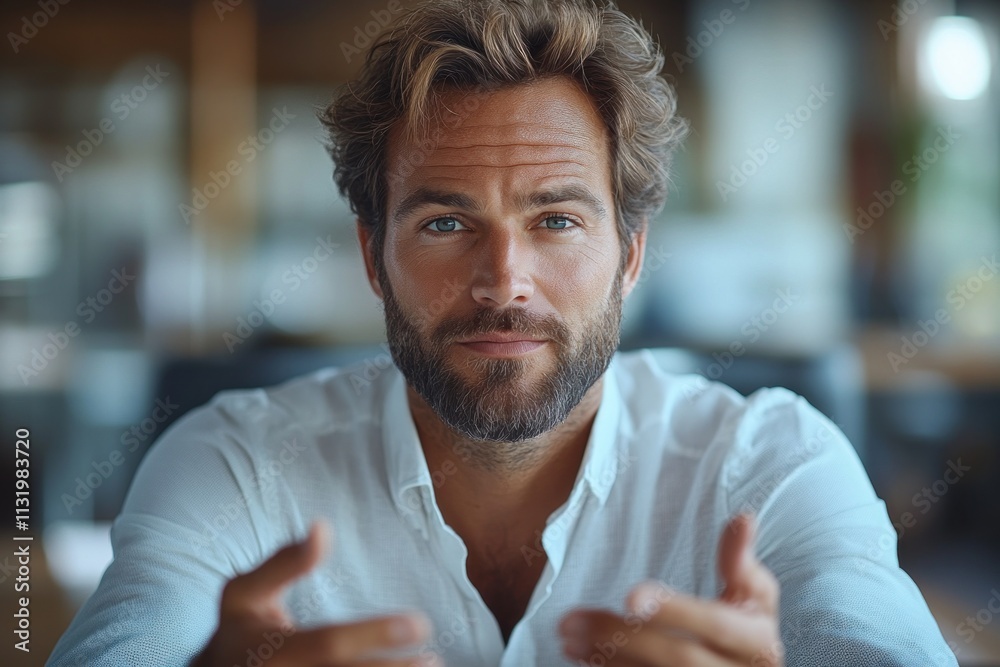 Naklejka premium Frustrated businessman discussing online with client in modern office confused angry expression