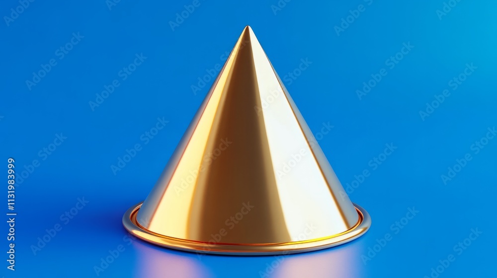 Fototapeta premium A vibrant 3D rendering of a single glossy golden cone hat with subtle trims on a polished smooth surface realistic