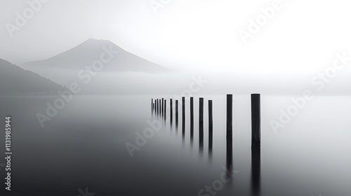 Misty Mount Fuji and Lake Kawaguchiko photo