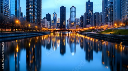 chicago skyline reflection at dusk - cityscapes