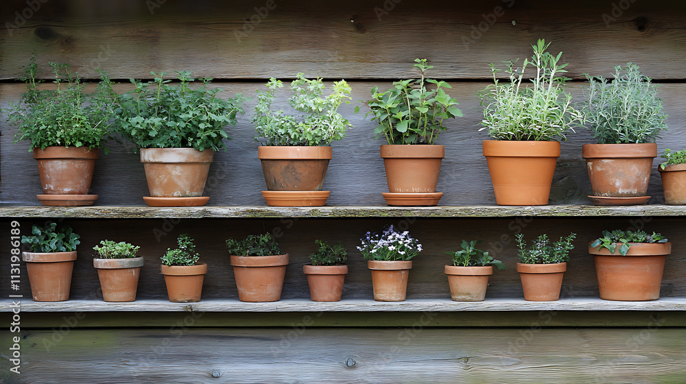 Fototapeta premium Close-up of various potted plants organized on a wooden shelf 