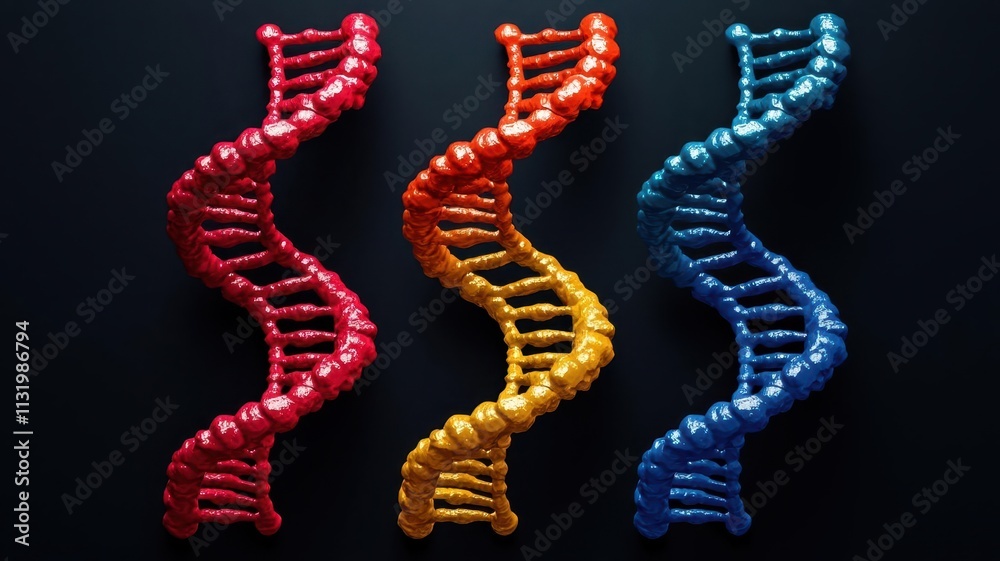 Obraz premium Closeup view of a DNA strand with individual nucleotide pairs A, T, C, G highlighted in vibrant neon colors, symbolizing the fundamental units of genetic coding