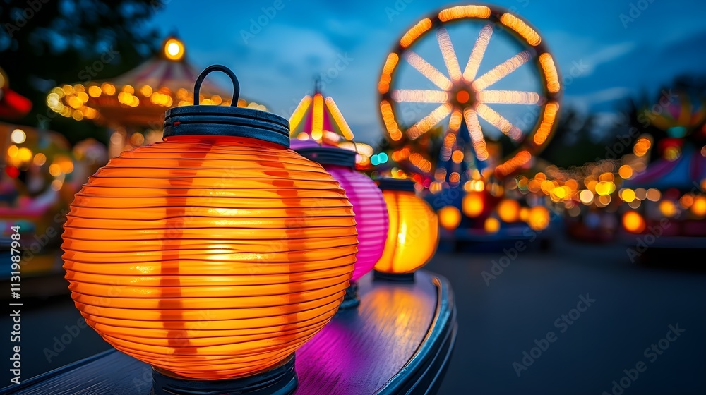 Fototapeta premium illuminated paper lanterns at amusement park - night photography