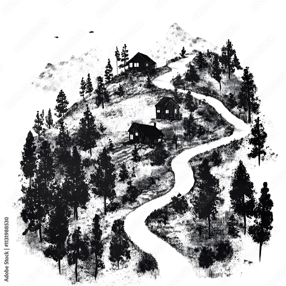Fototapeta premium Forested Mountain Landscape with Cabins, Path, and Pine Trees on a transparent and white background