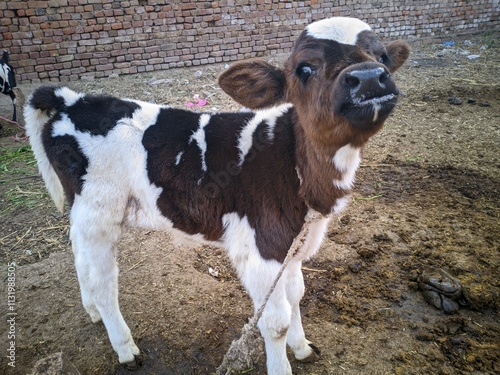 A Close Up Of A Young Calf With A Distinctive Brown And White Spotted Coat The Calf Stands On a Dirt Ground With Straw And Grass