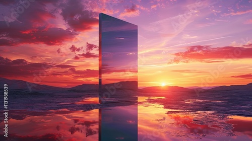 Monolithic Structure Reflecting Vibrant Sunset Over Desolate Landscape