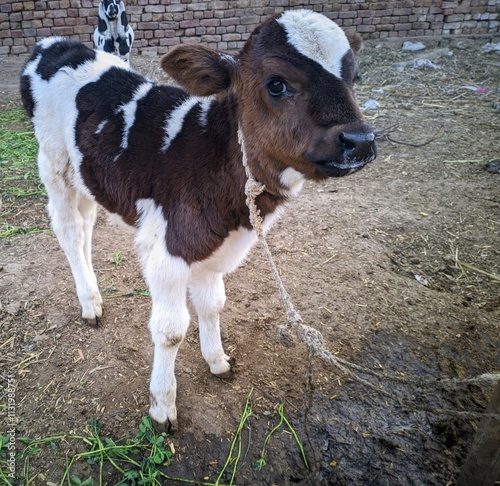 A Close Up Of A Young Calf With A Distinctive Brown And White Spotted Coat The Calf Stands On a Dirt Ground With Straw And Grass