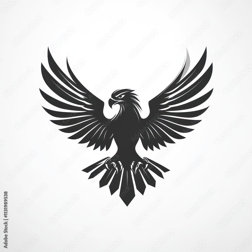 Fototapeta premium Majestic black eagle with wings spread wide, perched on a stylized rock.