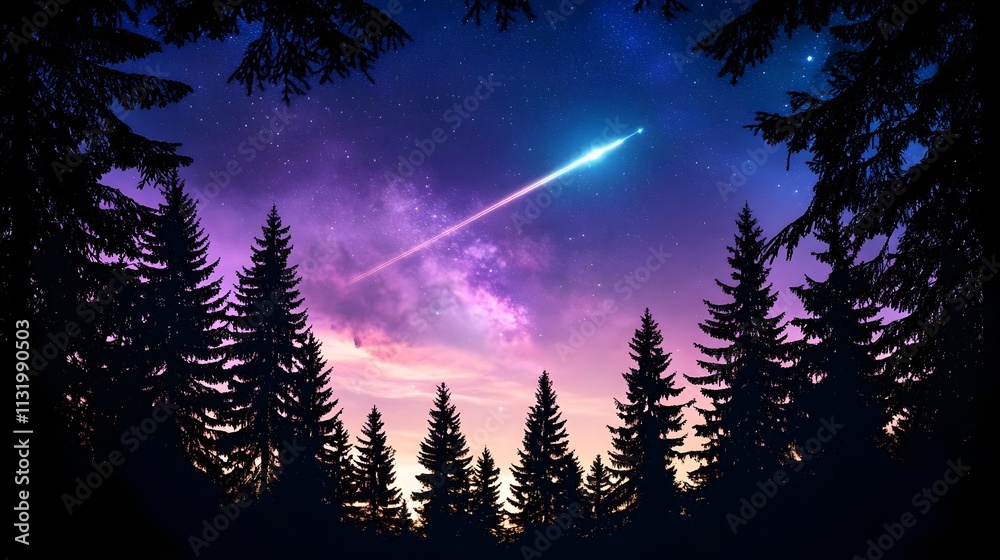 Fototapeta premium shooting star over silhouetted forest - celestial/cosmic imagery