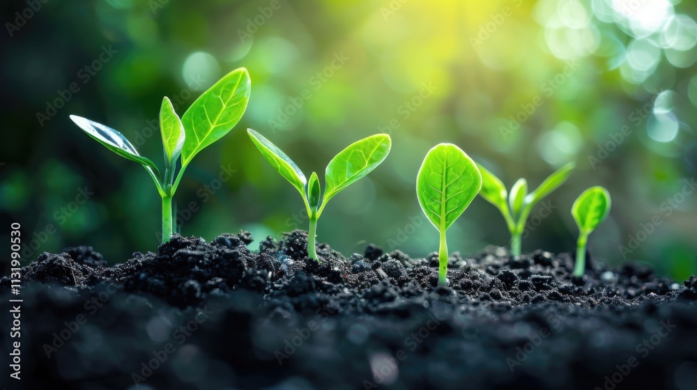 Fototapeta premium Vibrant green saplings emerge from rich soil showcasing new growth and potential for the future