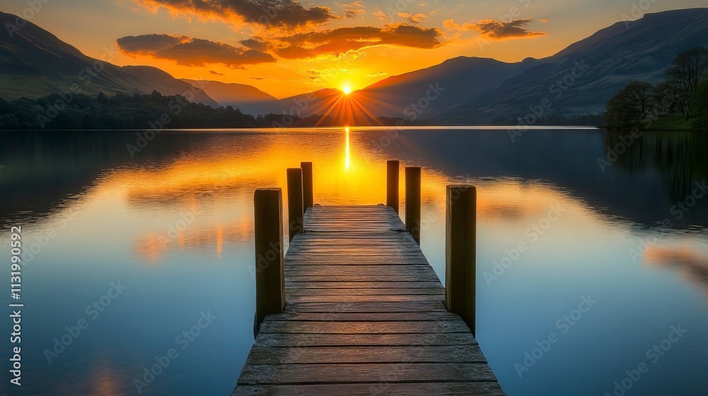 Fototapeta premium Golden Hour Reflection on Serene Lake with Wooden Dock, Golden Hour Outdoor Photography, New Year's day, New Year's Eve 