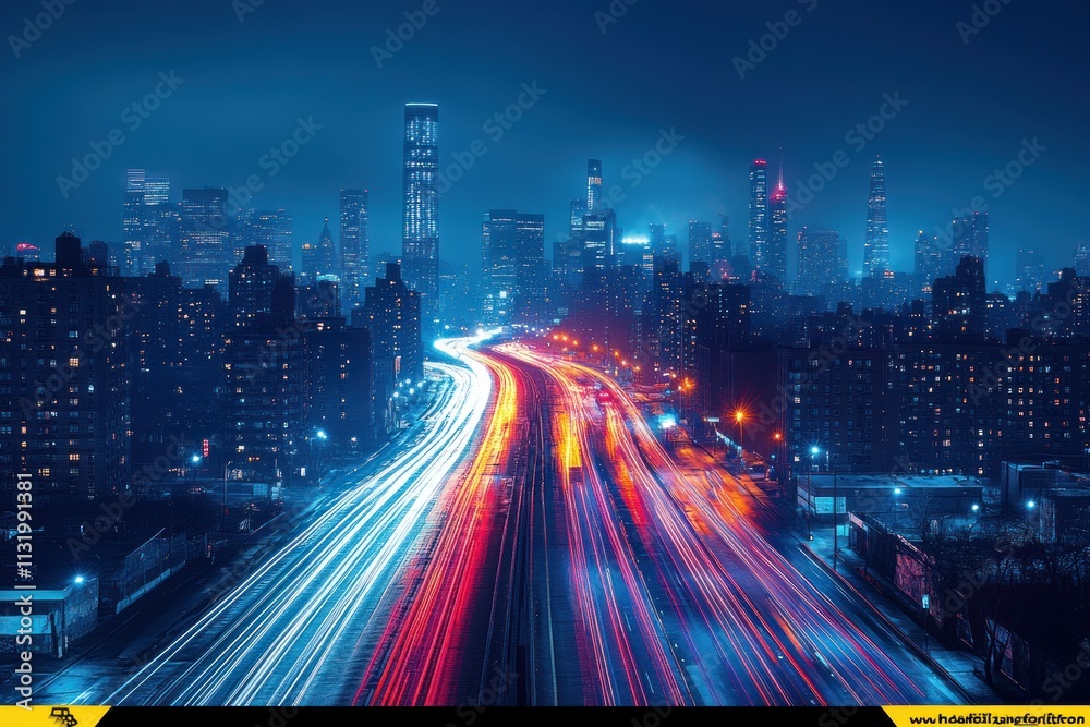 Obraz premium Urban Nighttime Traffic Highway with Car Speed and Motion Blur Effect during Evening Rush Hour