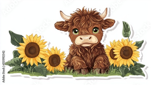 Cute Highland Cow with Sunflowers photo