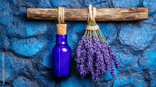 Lavender bundles and blue glass bottle hang on rustic wooden beam, creating charming apothecary display. vibrant colors evoke sense of tranquility and natural beauty photo