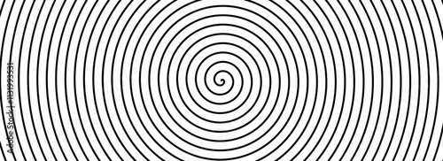 Black and white hypnotic spiral background. Radial optical illusion. Swirl tunnel wallpaper. Horizontal spinning concentric circles. Vortex or whirlpool design for poster, banner, flyer. Vector art 