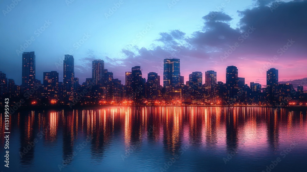 Obraz premium Hyper-Realistic Panoramic City Skyline at Dusk Illuminated by Towering Skyscrapers Reflecting on Calm Water