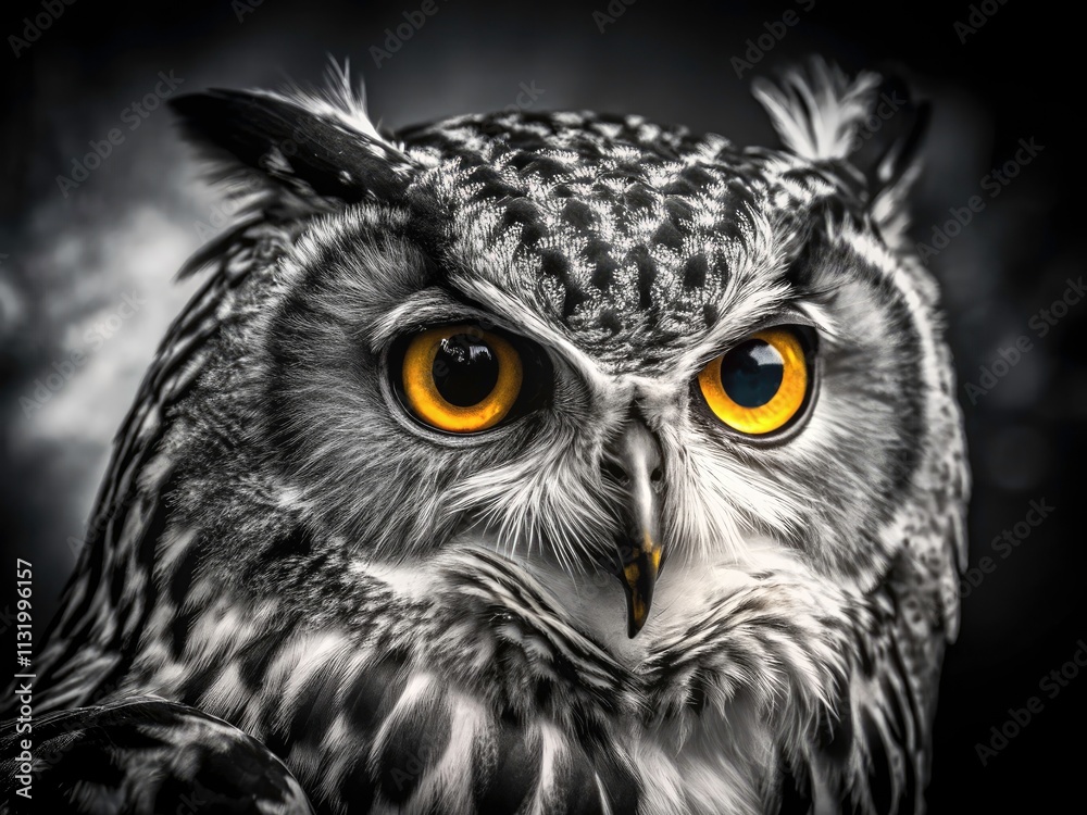 Fototapeta premium A captivating avian portrait: a majestic owl's face, sharply detailed in black and white.