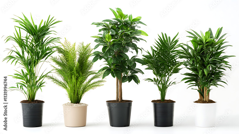 Fototapeta premium Minimalist potted plants arranged on a white background emphasizing indoor decor elements 