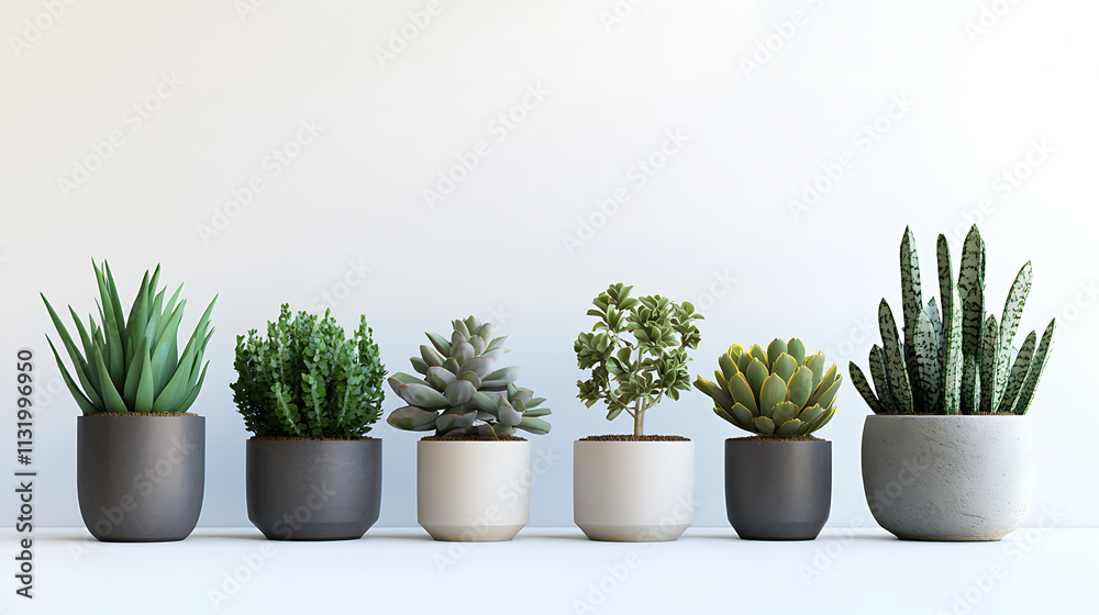 Fototapeta premium Minimalist potted plants creating a zen ambiance on a white background 