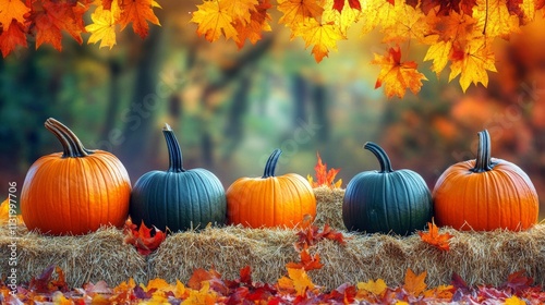 Pumpkin season celebration with a variety of pumpkins displayed on straw bales, surrounded by fallen leaves photo