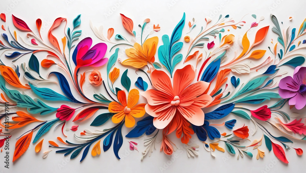 Fototapeta premium Colorful Mexican Floral Pattern on a White Background