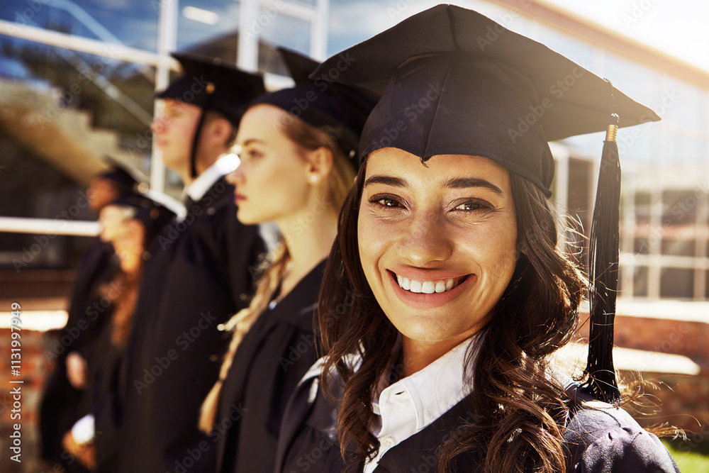 Obraz premium Smile, woman and portrait with graduation ceremony for education diploma, achievement and milestone. Proud, people and success for university award, announcement and learning goals of academic degree