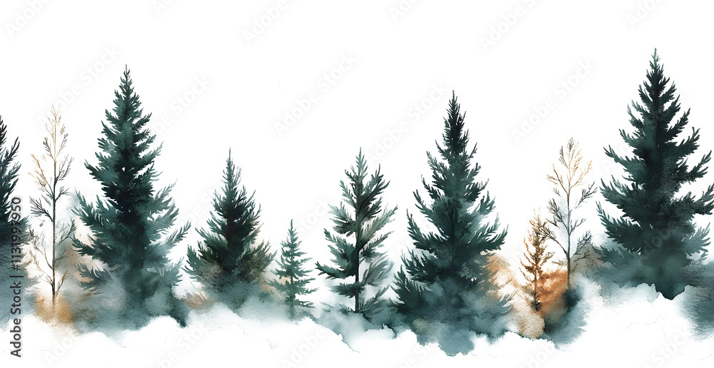 Obraz premium Watercolor Evergreen Trees Forest on a transparent and white background