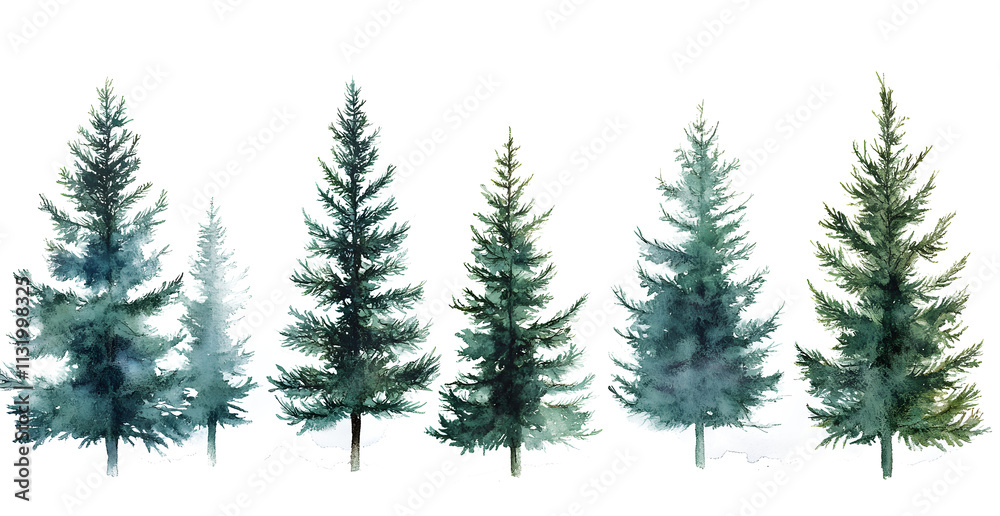 Fototapeta premium Watercolor Evergreen Trees Forest on a transparent and white background