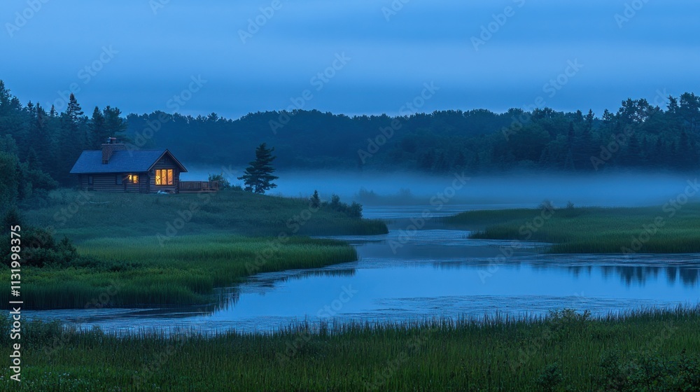 Fototapeta premium Secluded log cabin on a tranquil lake at dusk, mist rising from the water.