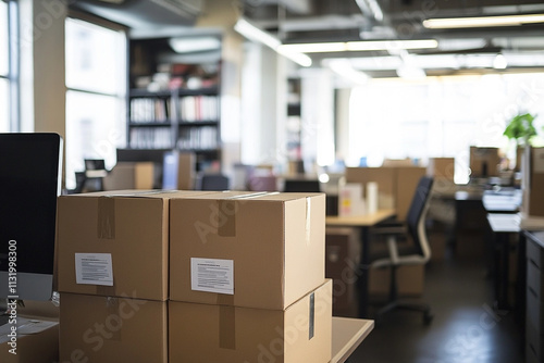 Wallpaper Mural Delivered packages stacked in a modern, well-lit office space with copy space, office online orders concept  Torontodigital.ca