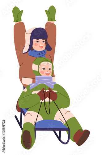 Two boys riding on a sled. Children's Laughter and adrenaline down the slide in the snow. Winter active games on the street. Rolling down the mountain on a sled. Flat vector illustration, eps10