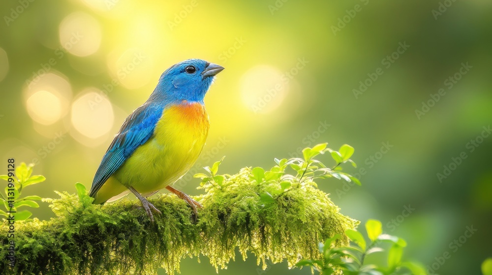 Fototapeta premium Vibrant blue and yellow bird perched on mossy branch.