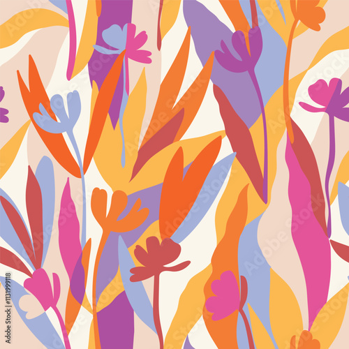 Botanical, style of cut out paper, abstract vector background. Cute colorful seamless pattern with hand drawn flowers, leaves and branches. Simple trendy floral print for fabric, wallpaper, stationery