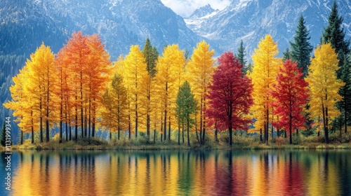 Vibrant autumn trees reflected in calm lake water with mountains.
