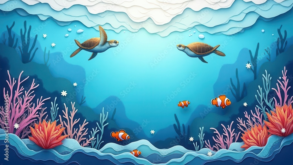 Fototapeta Layered ocean bubbles. Whimsical underwater world with cartoonish sea animals, perfect for children's educational games