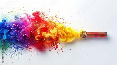 Confetti cannon mid-explosion in rainbow colors, isolated on white background, vibrant and dynamic