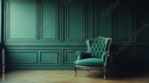 Elegant emerald green velvet armchair in a classic room. Perfect for interior design, luxury, and home decor projects.
