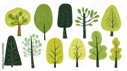 Vector set of green trees on white background, AI generative. photo