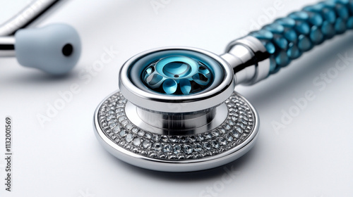 Closeup of stethoscope with soft lighting on a white background, AI generative. photo