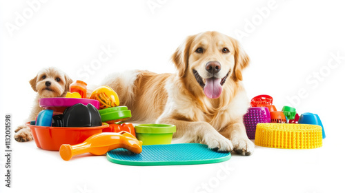 Organized pet care items and cheerful dog portrait, AI generative. photo