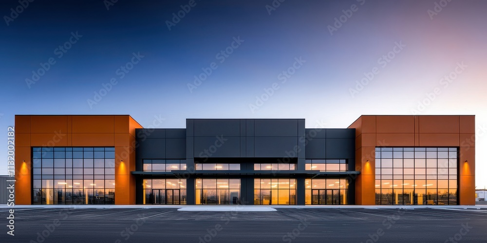 Obraz premium Modern commercial building with large glass windows, showcasing a sleek design against a colorful evening sky.