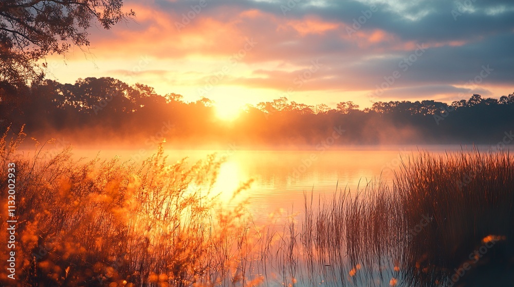 Obraz premium Golden Sunrise over Misty Lake: Peaceful Nature Scene