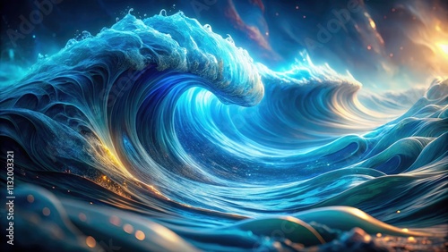 Digital ocean's abstract blue wave surges across a generative AI surreal wallpaper.