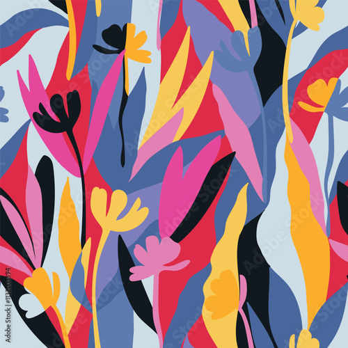 Botanical, style of cut out paper, abstract vector background. Cute colorful seamless pattern with hand drawn flowers, leaves and branches. Simple trendy floral print for fabric, wallpaper, stationery