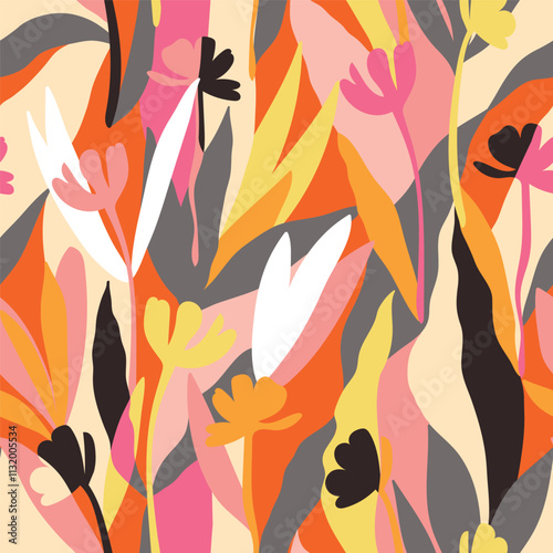 Botanical, style of cut out paper, abstract vector background. Cute colorful seamless pattern with hand drawn flowers, leaves and branches. Simple trendy floral print for fabric, wallpaper, stationery