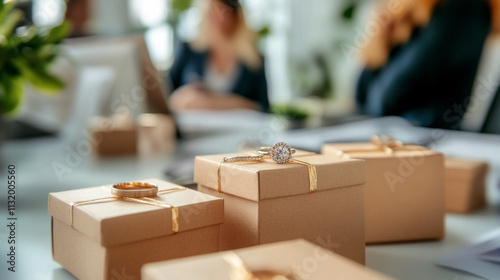 Boxes with rings on table against female wedding planners working in office AI generative. photo