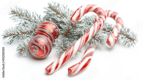 Colorful Christmas ornaments and candy canes on white backdrop AI generative. photo