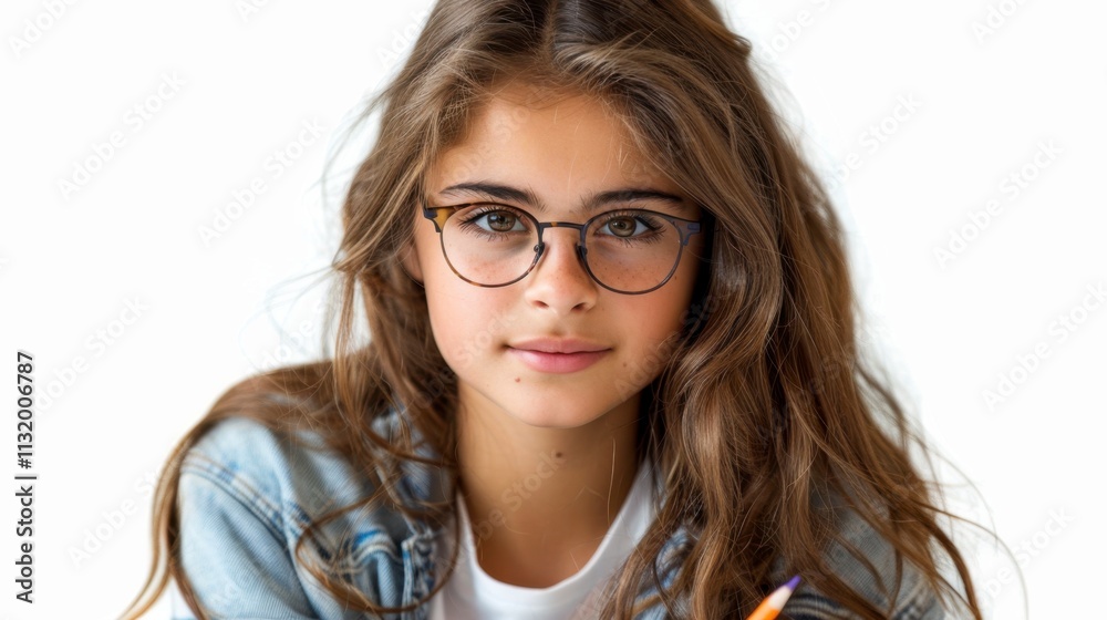Obraz premium Focused teenage girl taking notes in a notebook, isolated on white background, clean and clear stock image